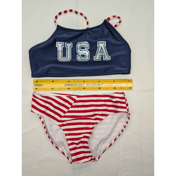 CAT & JACK USA Patriotic Bikini 2 Piece Swimsuit Girl’s Size 10 / 12 Iridescent - Picture 6 of 8